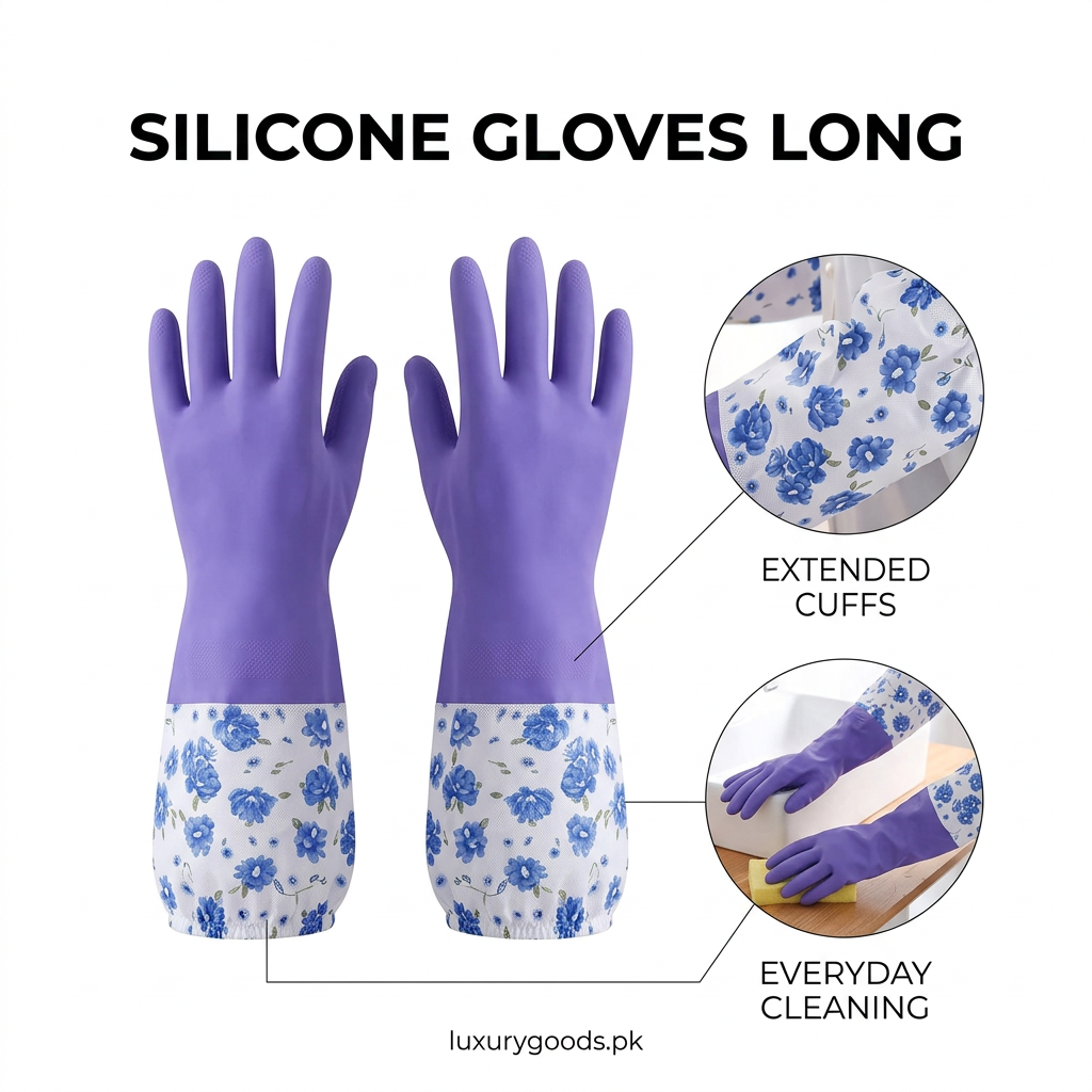 Purple Silicone Gloves Long with floral cuffs