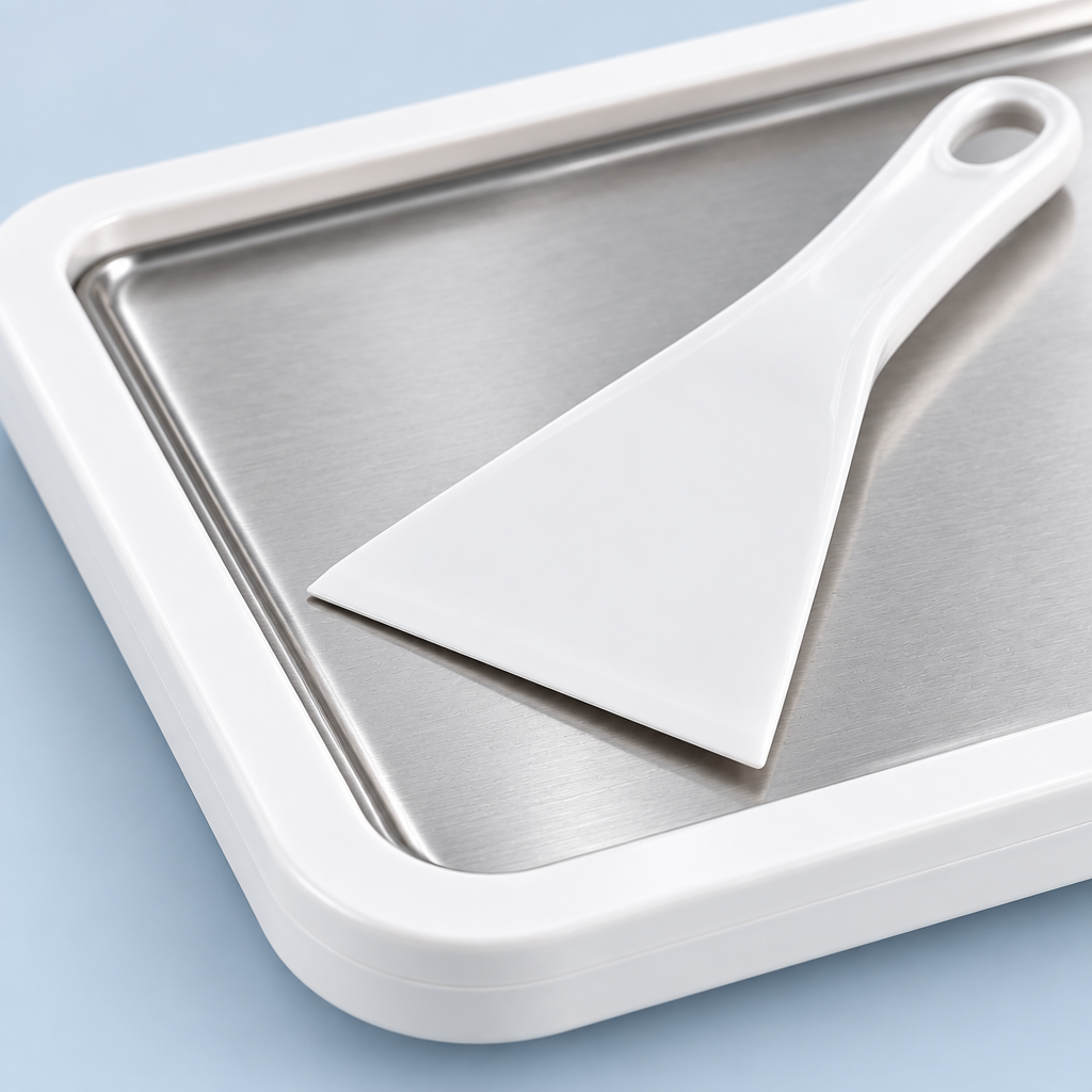Close-up of a white scraper on the silver-coloured ice cream tray surface