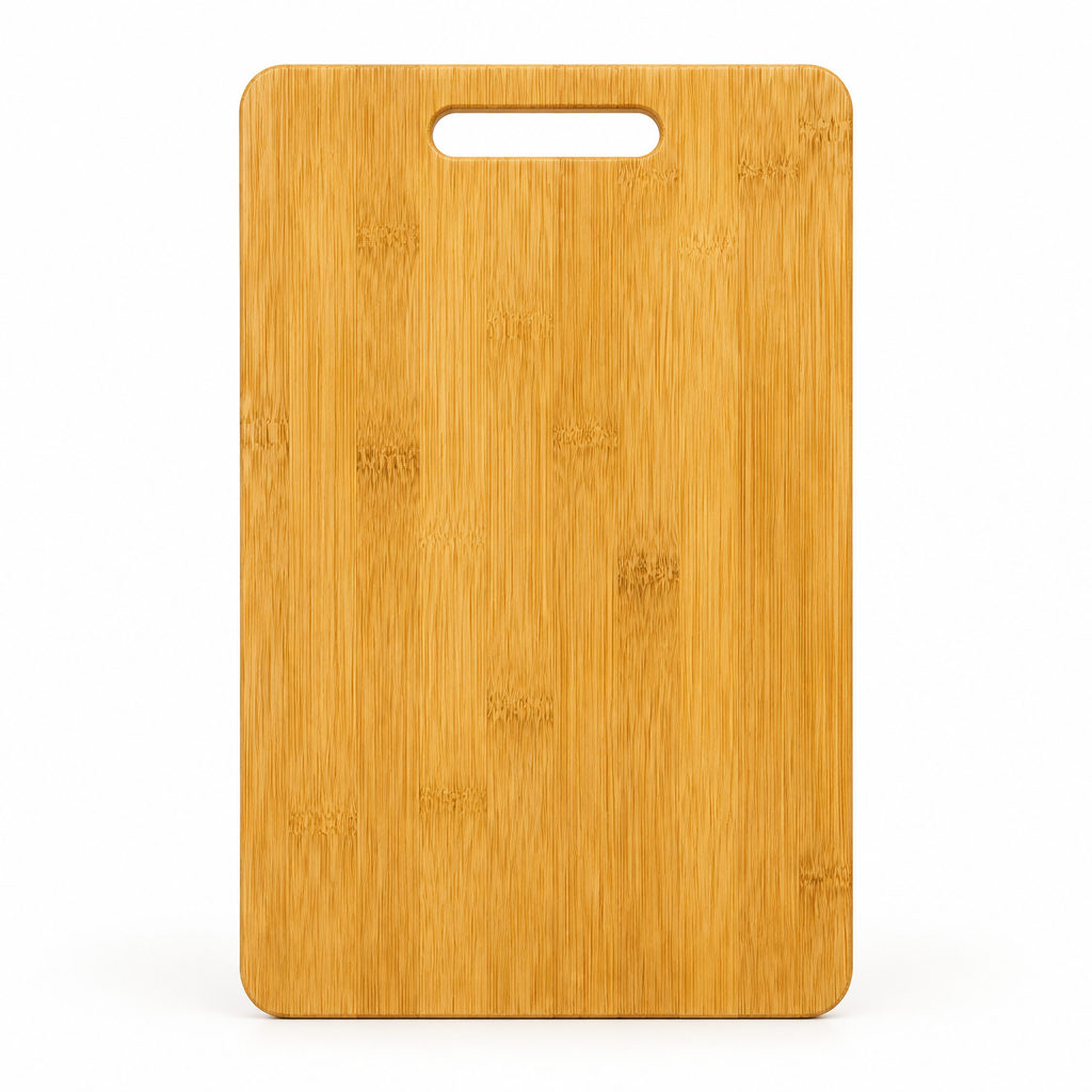 Golden wood-grain cutting board with an oval handle slot