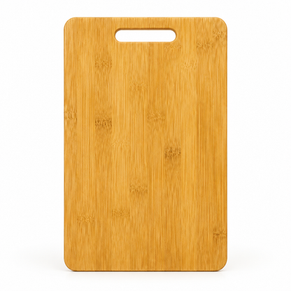 Golden wood-grain cutting board with an oval handle slot