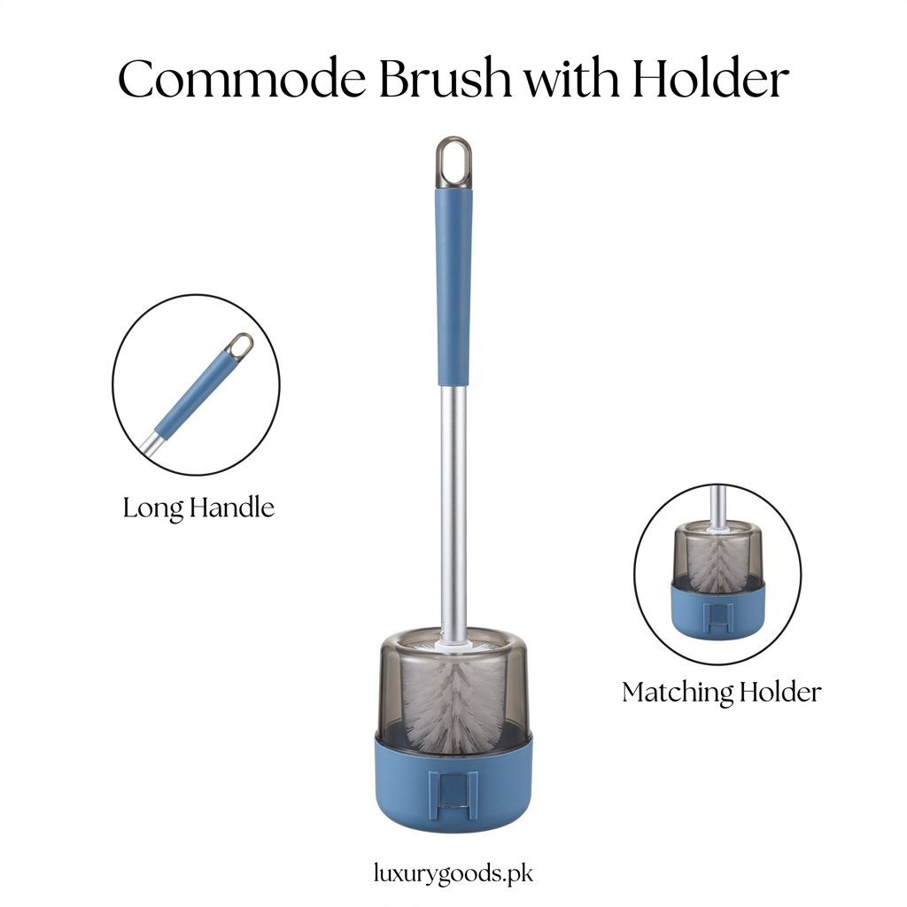 Blue commode brush with long handle and matching holder