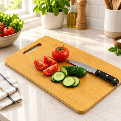 Cutting board styled with vegetables on a kitchen counter