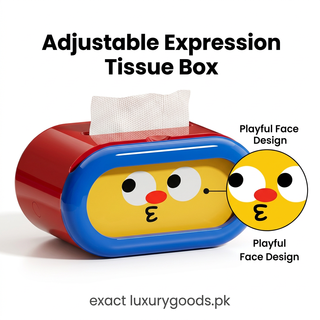 Adjustable Expression Tissue Box with red body blue frame and yellow cartoon face