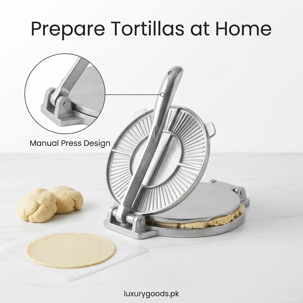 Tortilla press beside dough prepared for homemade tortillas