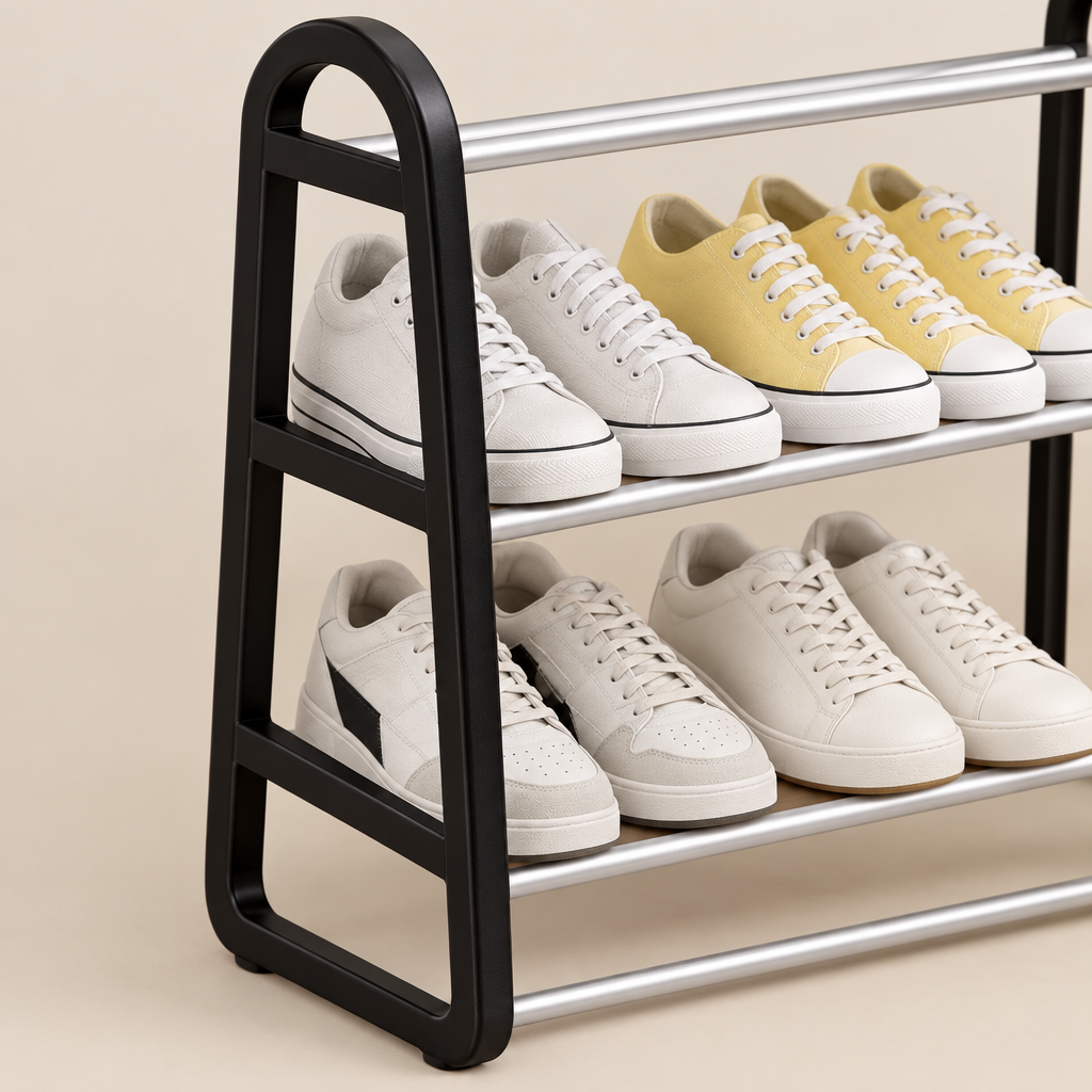 Close-up of black shoe rack frame and silver-coloured rails