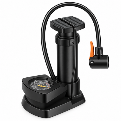 Black compact foot air pump on a white background