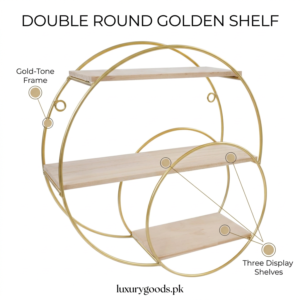 Double Round Golden Shelf with overlapping circular frame and three display shelves