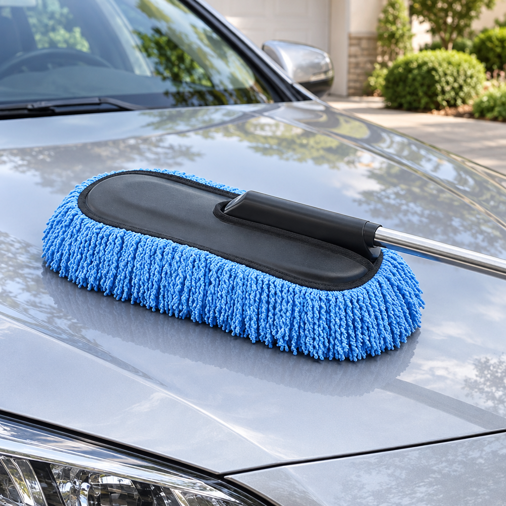 Blue microfiber car duster styled on a silver car bonnet