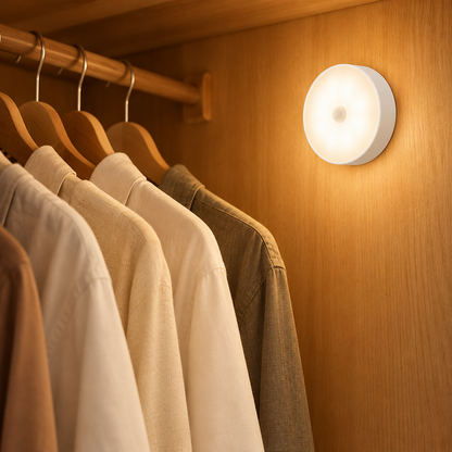 Round sensor light inside a wardrobe